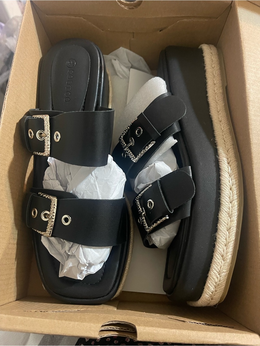 Black Platform Slide Sandals with Decorative Buckles